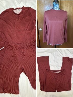 Real Essentials Women’s Striped Long Sleeve Crew Neck Pajama Set in Red/Black